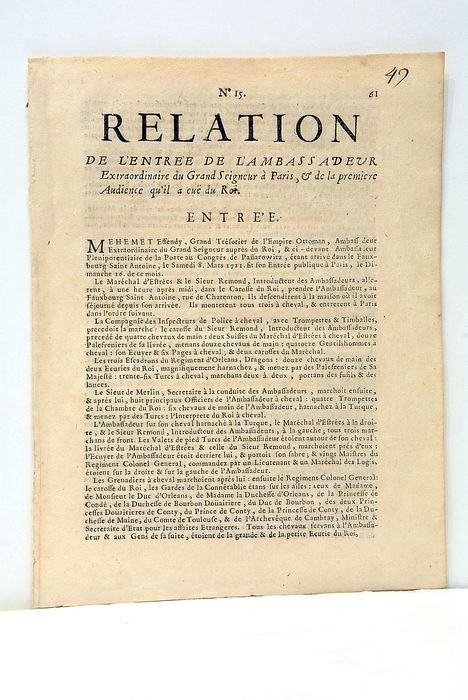 RELATION DE L'ENTREE DE L'AMBASSADEUR Extraordinaire du Grand Seigneur à …
