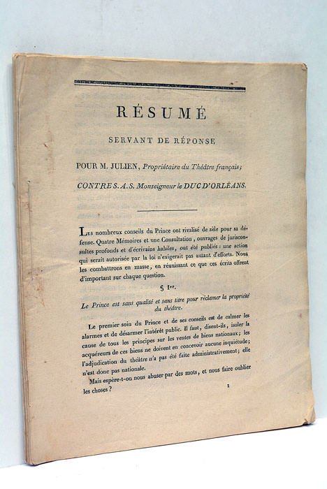 RESUME servant de réponse pour M. Julien, Propriétaire du Théatre …