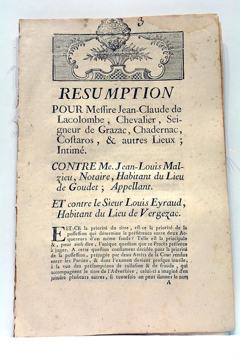 RESUMPTION POUR Messire Jean-Claude de Lacolombe, Chevalier, Seigneur de Grazac, …