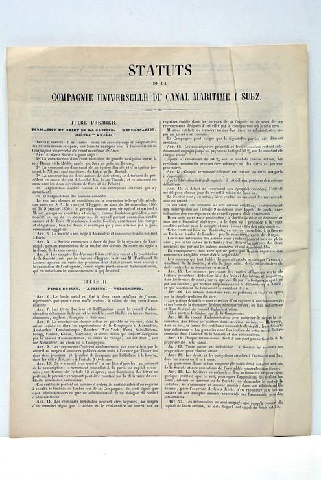 Statuts de la Compagnie Universelle du Canal Maritime de Suez.