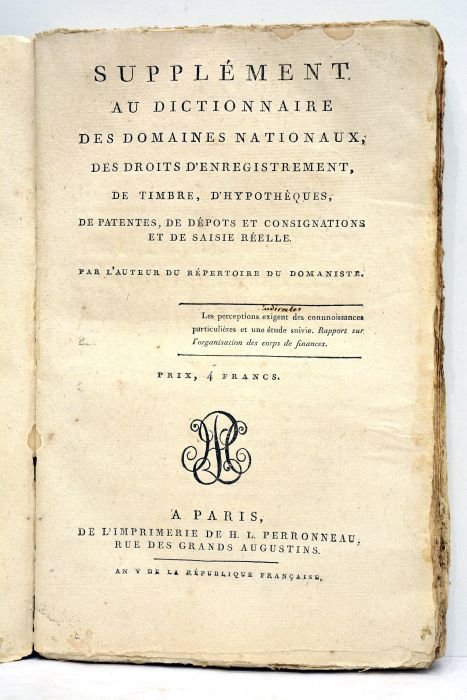 SUPPLEMENT au dictionnaire des domaines nationaux, des droits d'enregistrement, de …