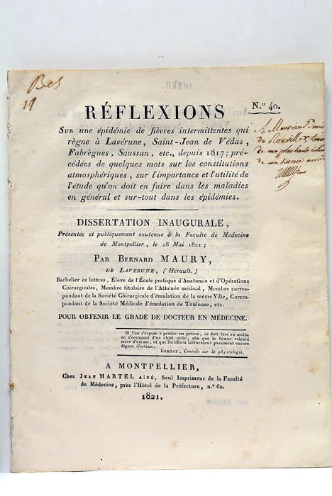 Sur une épidémie de fièvres intermittentes qui règne à Lavérune, …