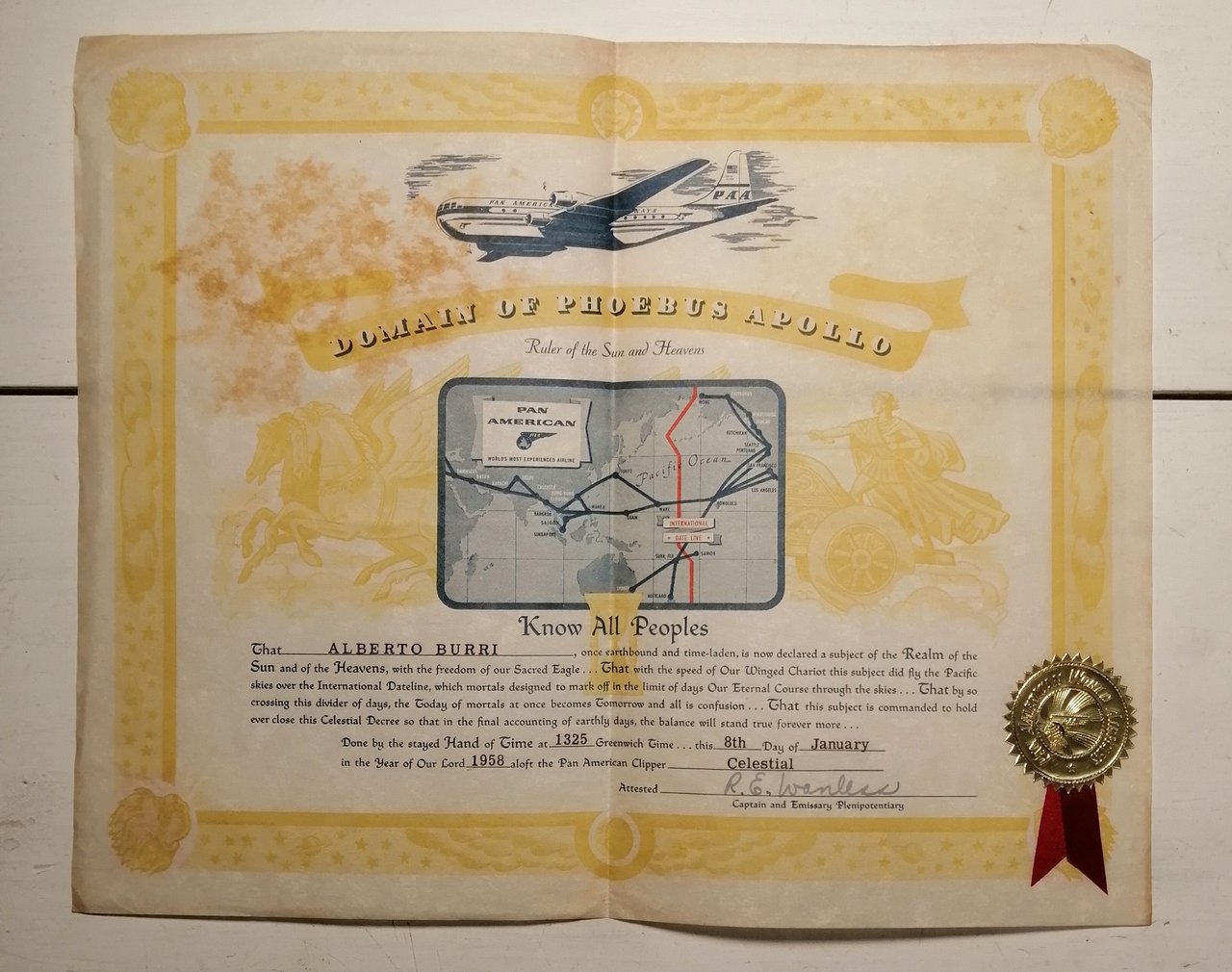 PAN AMERICAN 1958 CERTIFICATE ISSUED TO ALBERTO BURRI | Immagine principale