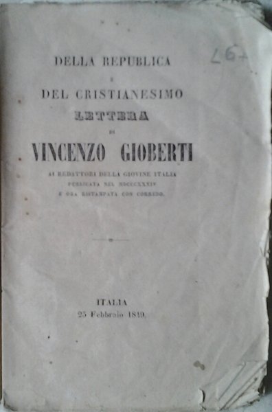DELLA REPUBLICA (REPUBBLICA) E DEL CRISTIANESIMO. - Lettera di Vincenzo …