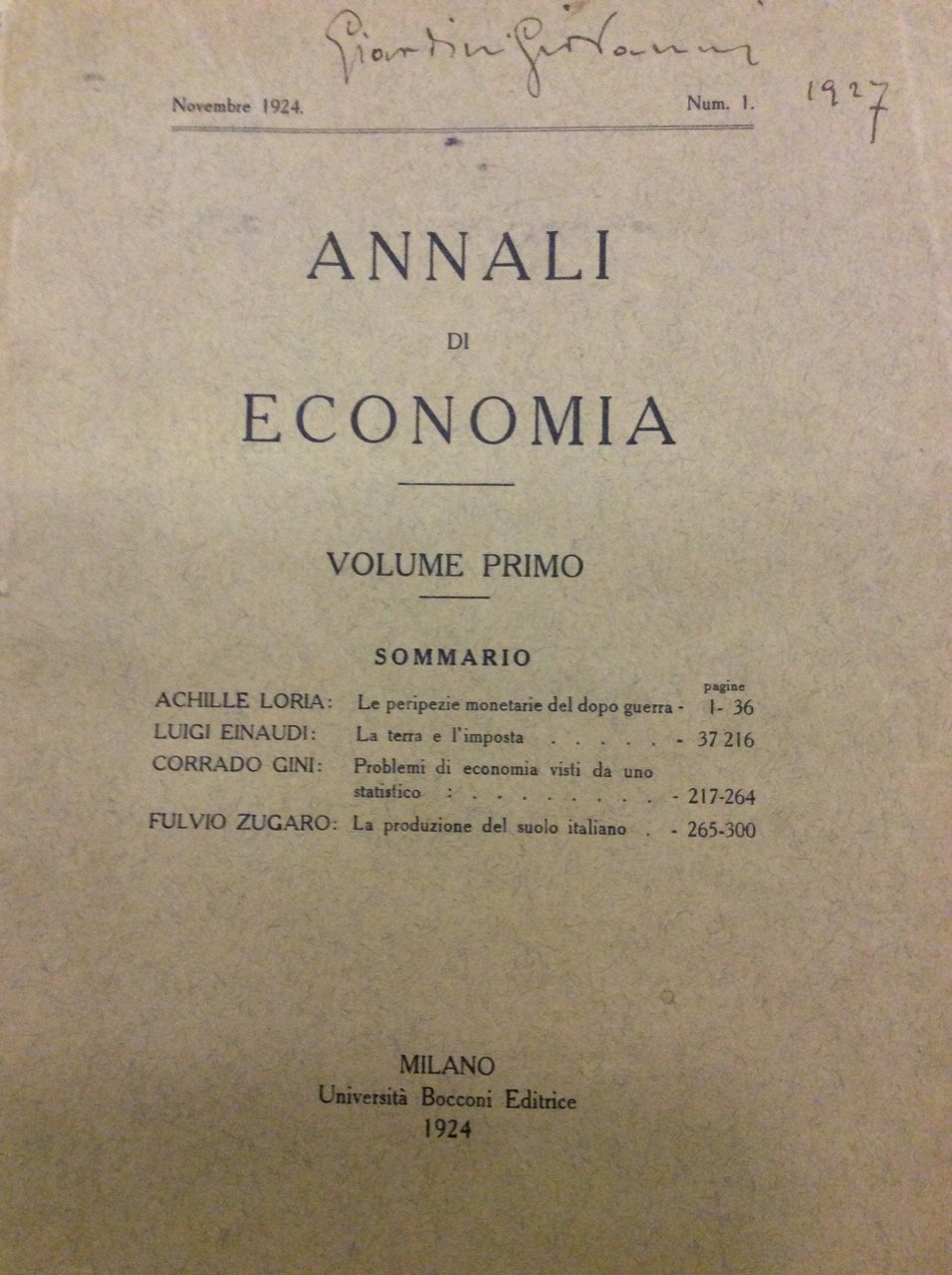 ANNALI DI ECONOMIA. VOLUME I - NN. 1 E 2 … | Immagine principale