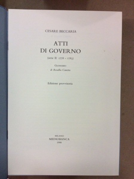 ATTI DI GOVERNO - SERIE III- 1784/1786. Volume VIII della …