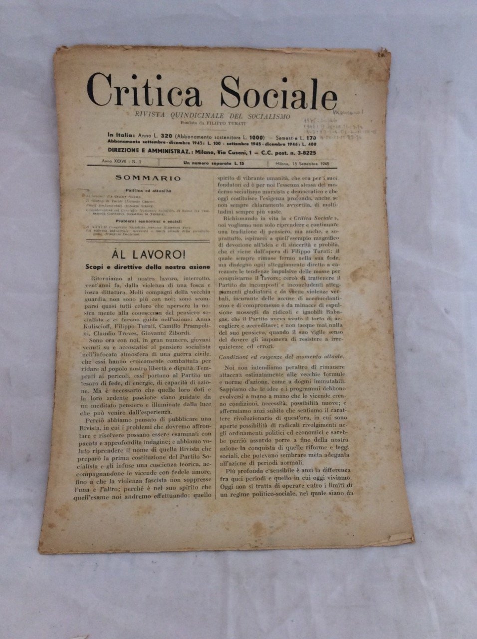 CRITICA SOCIALE. - Rivista quindicinale del Socialismo. Fondata da Filippo … | Immagine principale