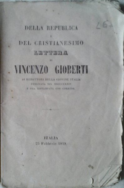 DELLA REPUBLICA (REPUBBLICA) E DEL CRISTIANESIMO. - Lettera di Vincenzo …