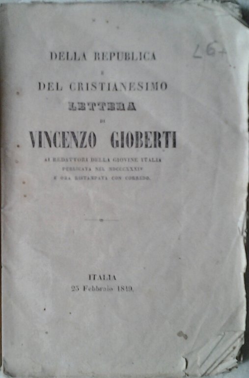 DELLA REPUBLICA (REPUBBLICA) E DEL CRISTIANESIMO. - Lettera di Vincenzo …