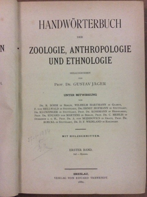 HANDWORTERBUCH DER ZOOLOGIE ANTHROPOLOGIE UND ETHNOLOGIE. 8 Volumi.