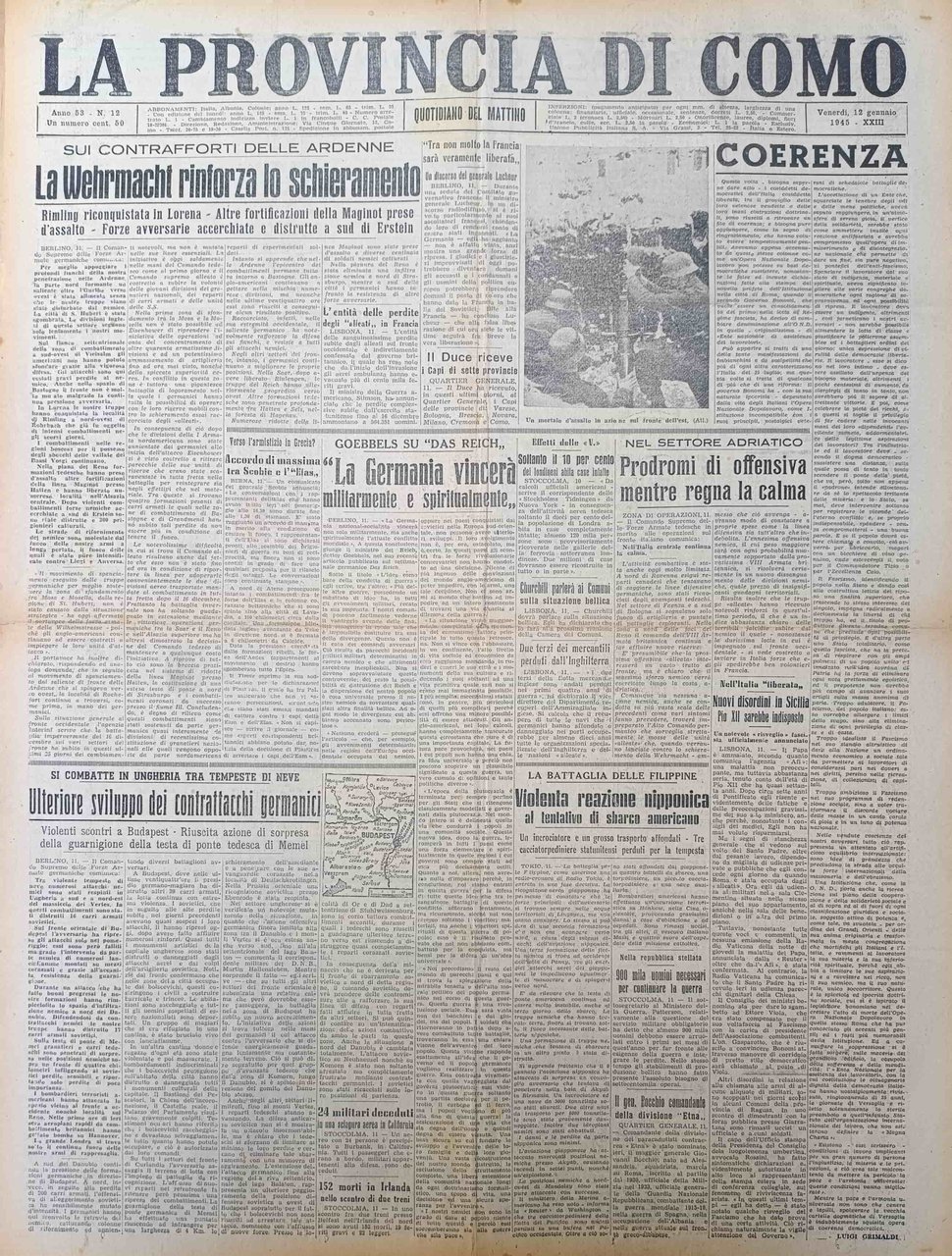 LA PROVINCIA DI COMO. 12 gennaio 1945. Quotidiano del Mattino. | Immagine principale