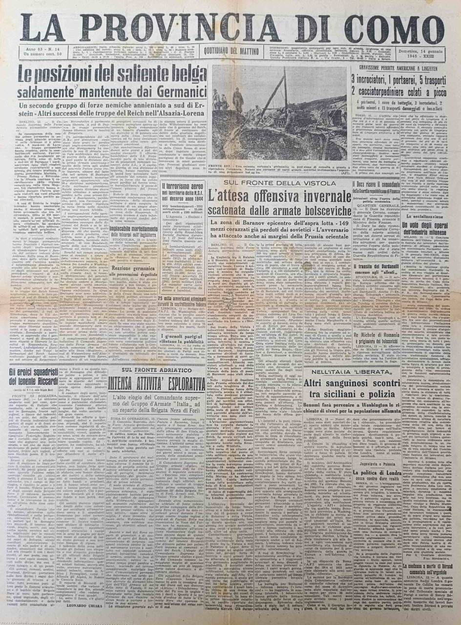 LA PROVINCIA DI COMO. 14 gennaio 1945. Quotidiano del Mattino. | Immagine principale