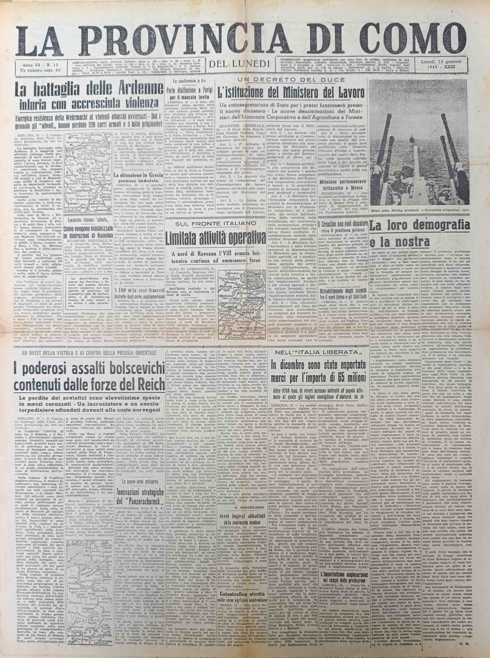 LA PROVINCIA DI COMO. 15 gennaio 1945. Quotidiano del Mattino. | Immagine principale