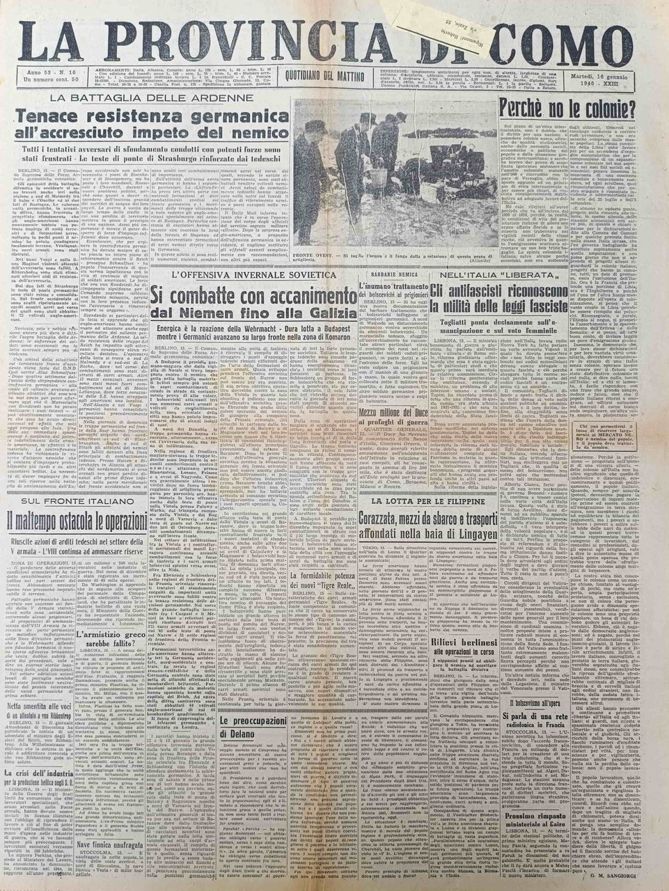 LA PROVINCIA DI COMO. 16 gennaio 1945. Quotidiano del Mattino. | Immagine principale