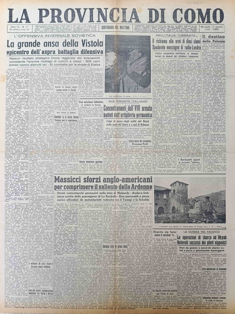LA PROVINCIA DI COMO. 17 gennaio 1945. Quotidiano del Mattino. | Immagine principale
