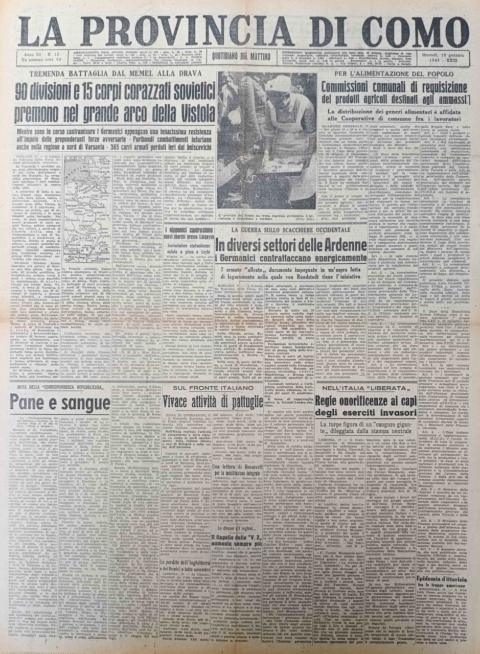 LA PROVINCIA DI COMO. 18 gennaio 1945. Quotidiano del Mattino. | Immagine principale