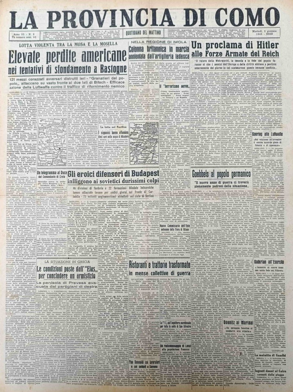 LA PROVINCIA DI COMO. 2 gennaio 1945. Quotidiano del Mattino. | Immagine principale