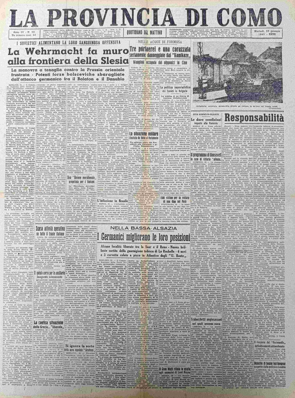 LA PROVINCIA DI COMO. 23 gennaio 1945. Quotidiano del Mattino. | Immagine principale