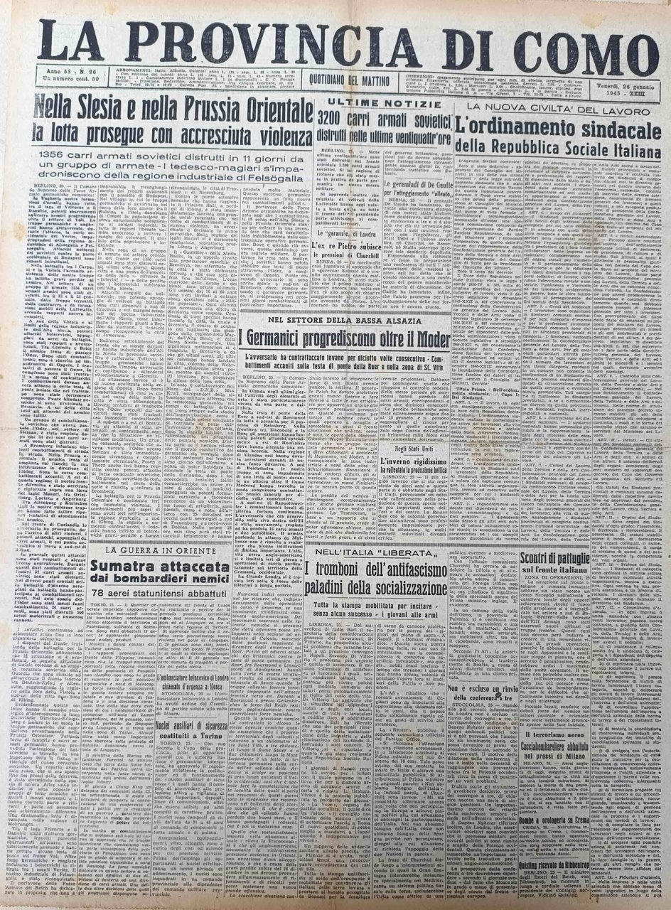 LA PROVINCIA DI COMO. 26 gennaio 1945. Quotidiano del Mattino. | Immagine principale