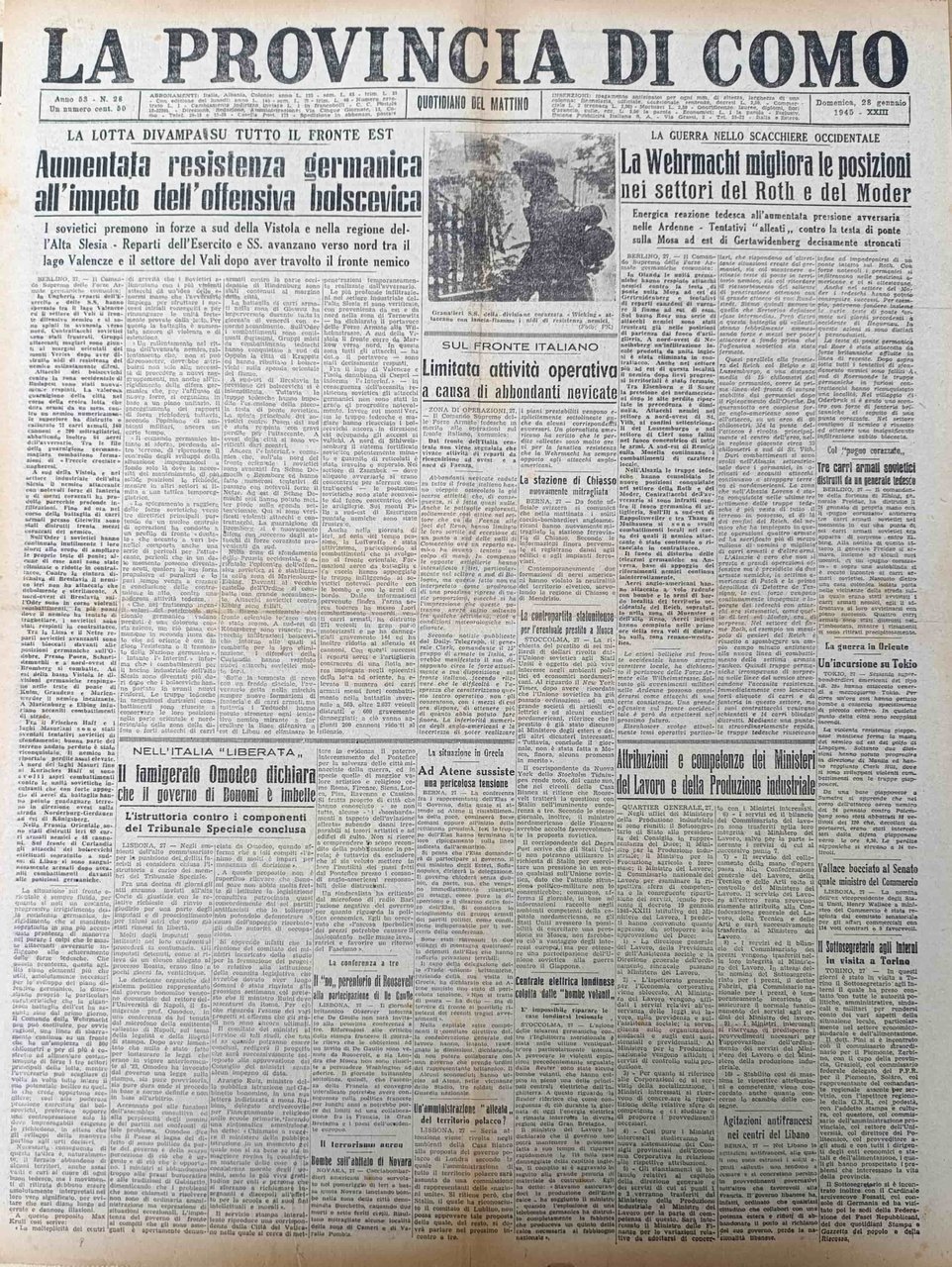 LA PROVINCIA DI COMO. 28 gennaio 1945. Quotidiano del Mattino. | Immagine principale