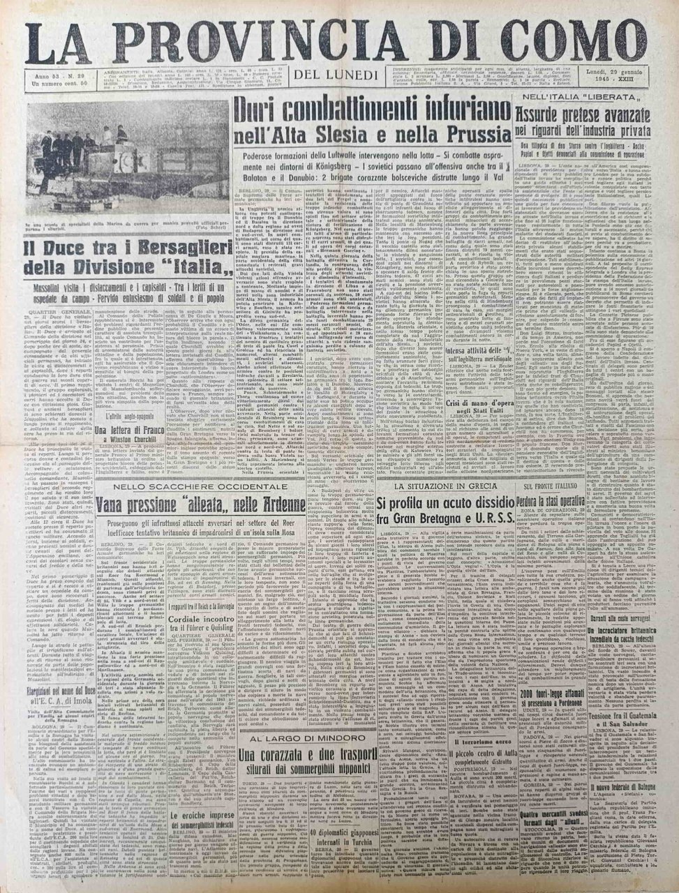 LA PROVINCIA DI COMO. 29 gennaio 1945. Quotidiano del Mattino. | Immagine principale