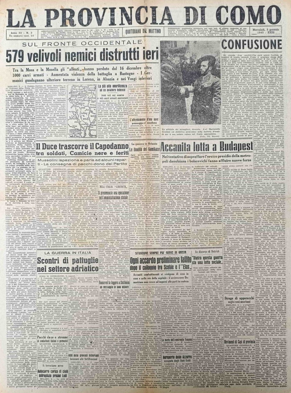 LA PROVINCIA DI COMO. 3 gennaio 1945. Quotidiano del Mattino. | Immagine principale