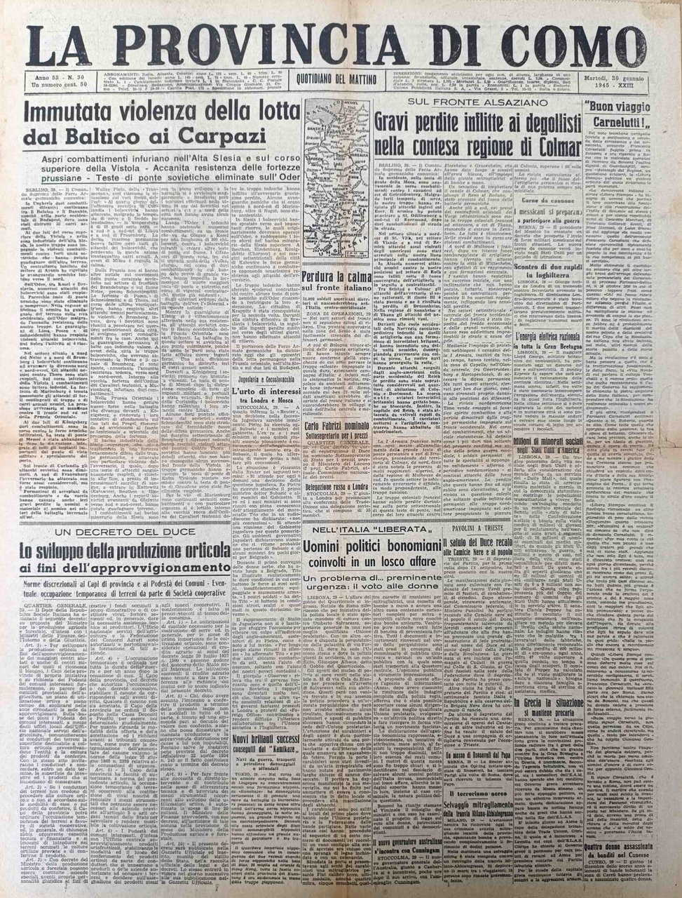 LA PROVINCIA DI COMO. 30 gennaio 1945. Quotidiano del Mattino. | Immagine principale