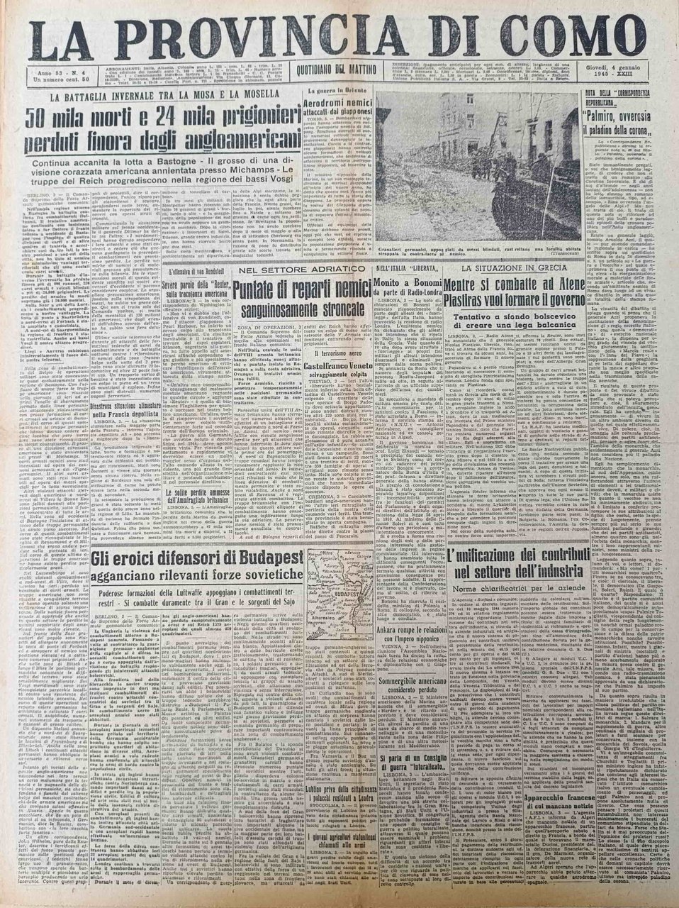 LA PROVINCIA DI COMO. 4 gennaio 1945. Quotidiano del Mattino. | Immagine principale