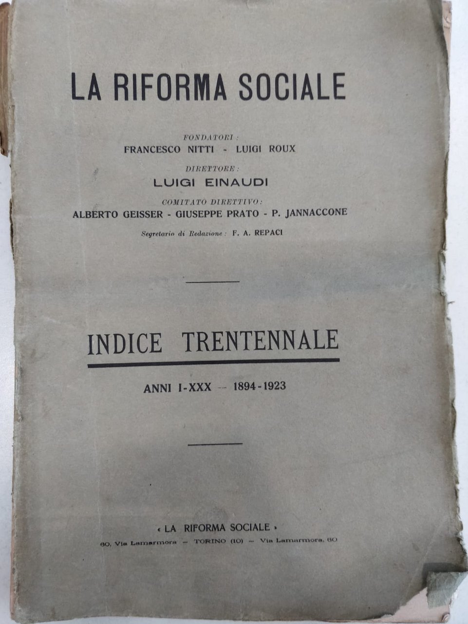 LA RIFORMA SOCIALE. INDICE TRENTENNALE. ANNI I-XXX. 1894-1923. | Immagine principale
