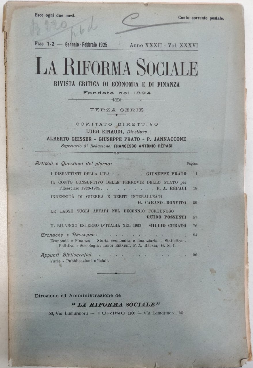 LA RIFORMA SOCIALE. RIVISTA CRITICA DI ECONOMIA E DI FINANZA. … | Immagine principale