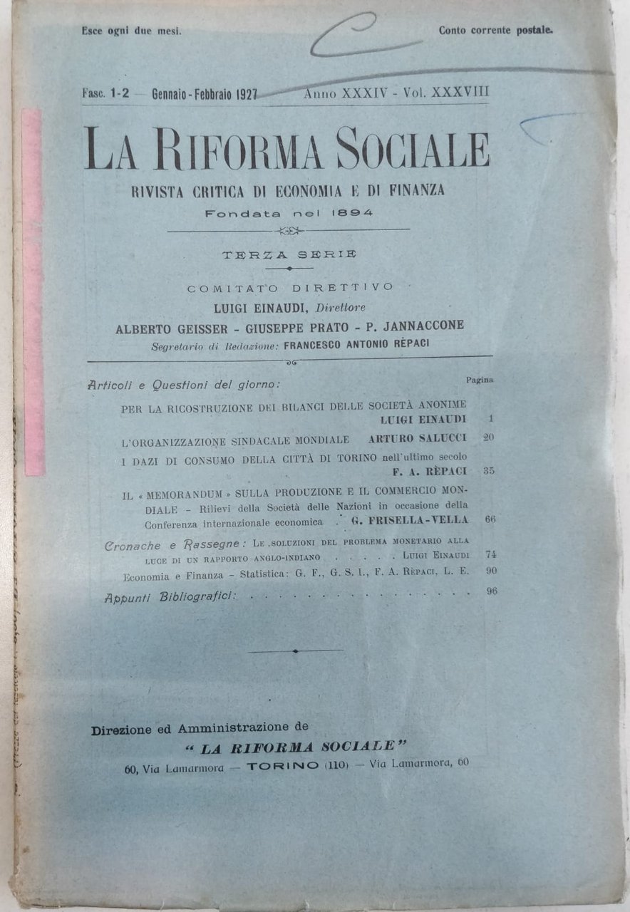 LA RIFORMA SOCIALE. RIVISTA CRITICA DI ECONOMIA E DI FINANZA. …