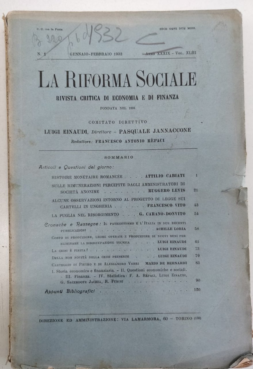 LA RIFORMA SOCIALE. RIVISTA CRITICA DI ECONOMIA E DI FINANZA. … | Immagine principale