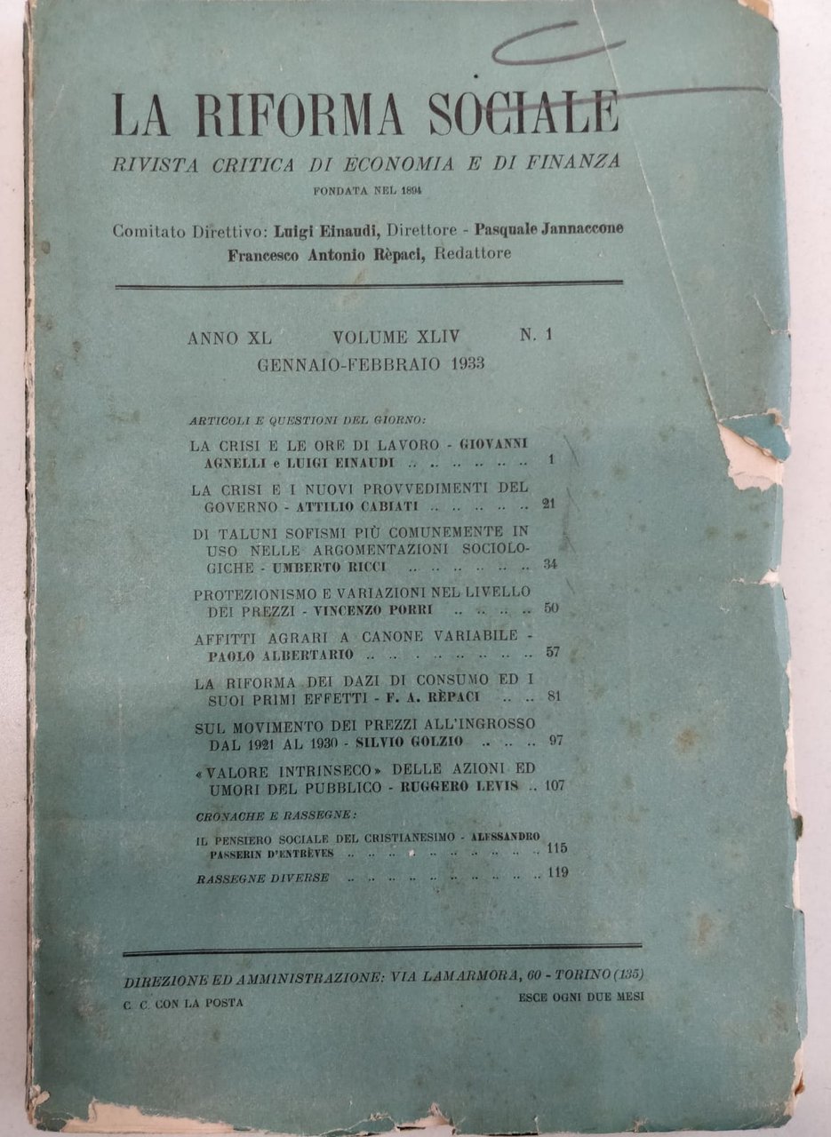 LA RIFORMA SOCIALE. RIVISTA CRITICA DI ECONOMIA E DI FINANZA. … | Immagine principale