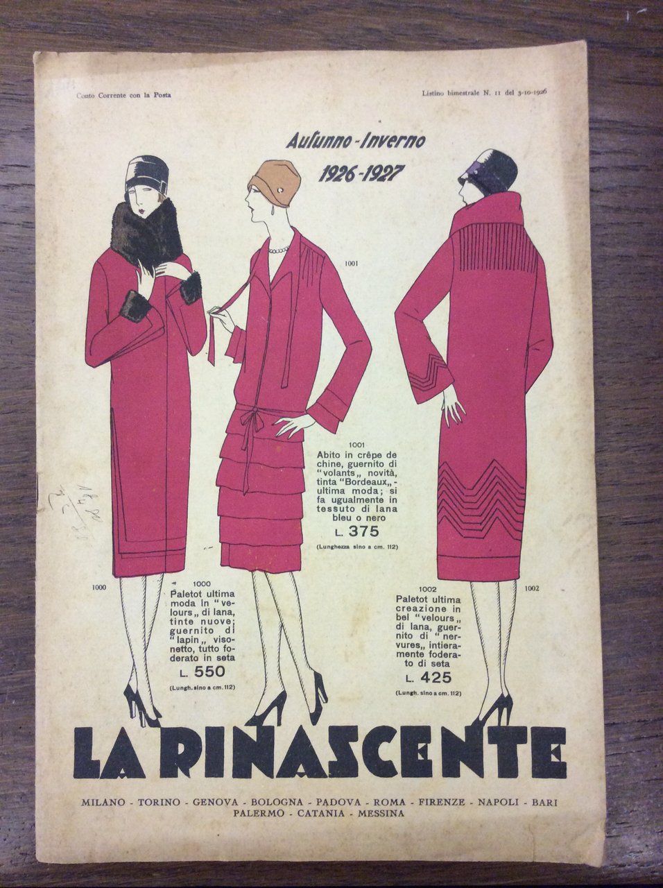 LA RINASCENTE. LISTINO BIMESTRALE N. 11 DEL 3-10-1926. - Autunno-Inverno … | Immagine principale
