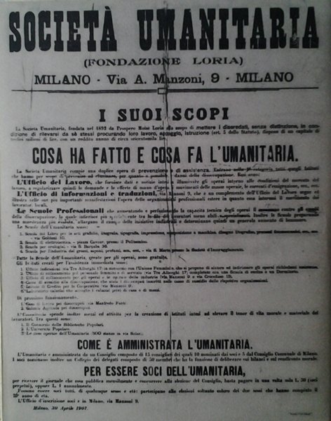 LA SOCIETA' UMANITARIA 1893/1963. - Fondazione P.M. Loria Milano.