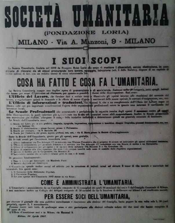 LA SOCIETA' UMANITARIA 1893/1963. - Fondazione P.M. Loria Milano.