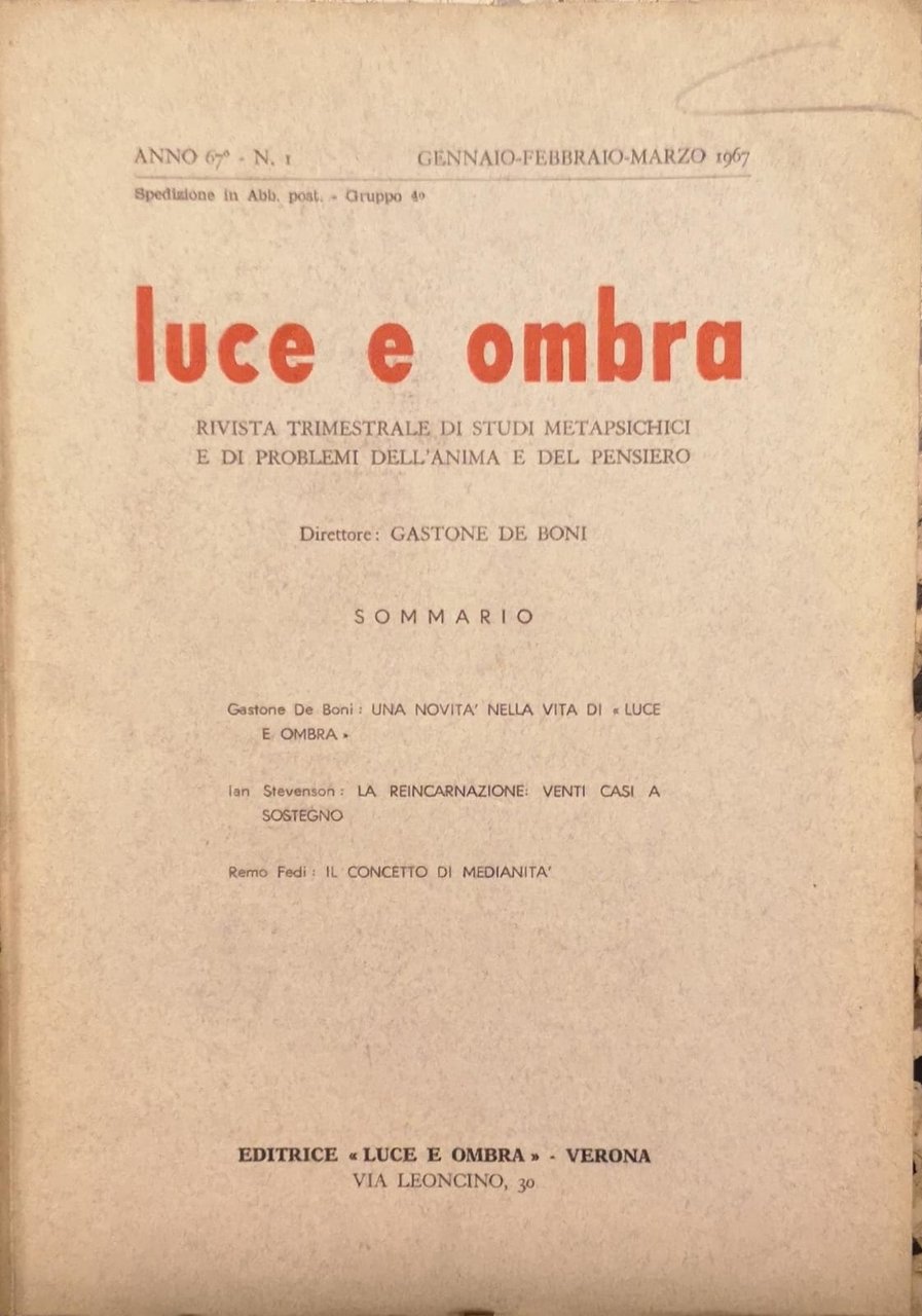 LUCE E OMBRA. - Rivista trimestrale di studi metapsichici e … | Immagine principale