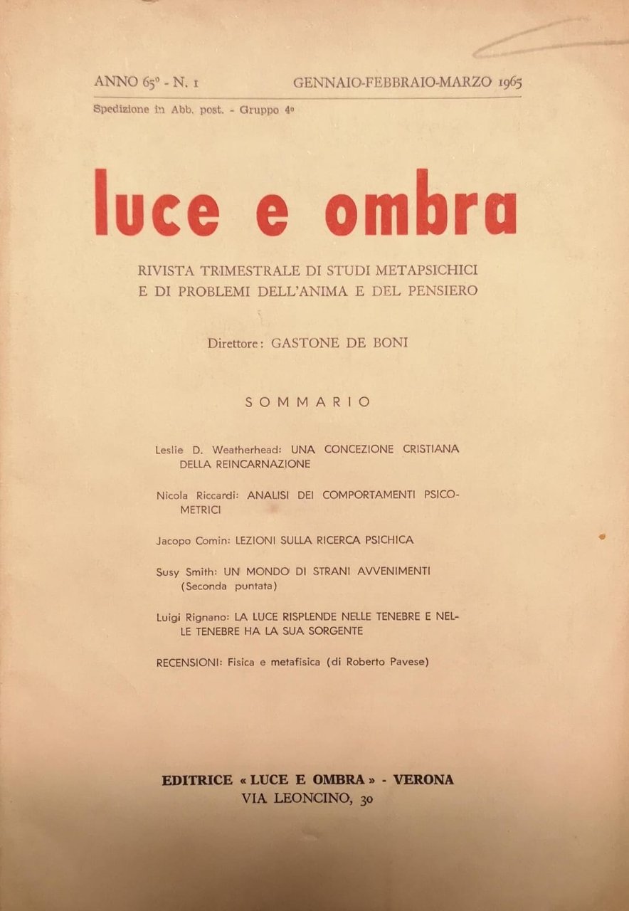LUCE E OMBRA. - Rivista trimestrale di studi metapsichici e … | Immagine principale