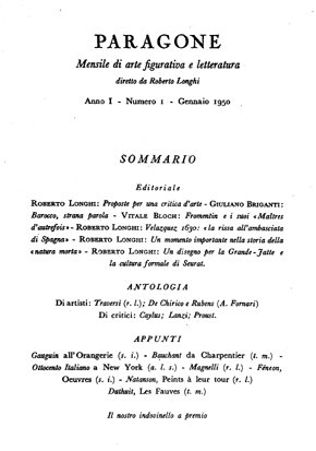 PARAGONE ARTE. GENNAIO 1950. N. 1. - Mensile di arte …