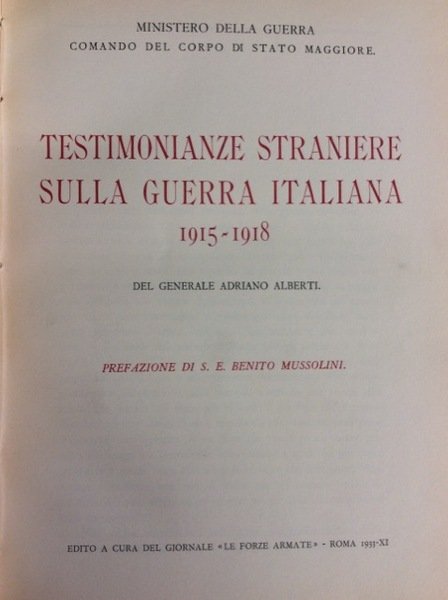 TESTIMONIANZE STRANIERE SULLA GUERRA ITALIANA 1915-1918.