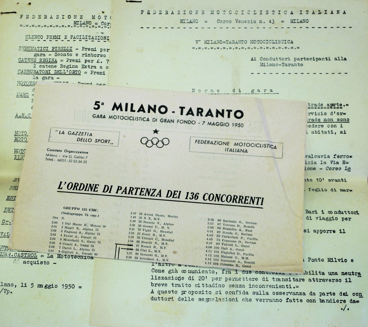 V (QUINTA) MILANO-TARANTO. GARA MOTOCICLISTICA. - Federaz. Motociclistica Italiana. | Immagine principale