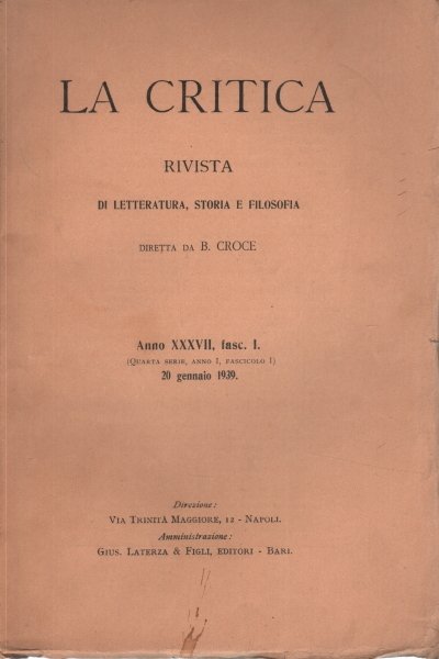 La Critica Anno XXXVII, fasc. I.