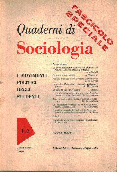 Quaderni di sociologia. Volume XVIII (Gennaio-Giugno 1969-n.1-2) I movimenti politici …