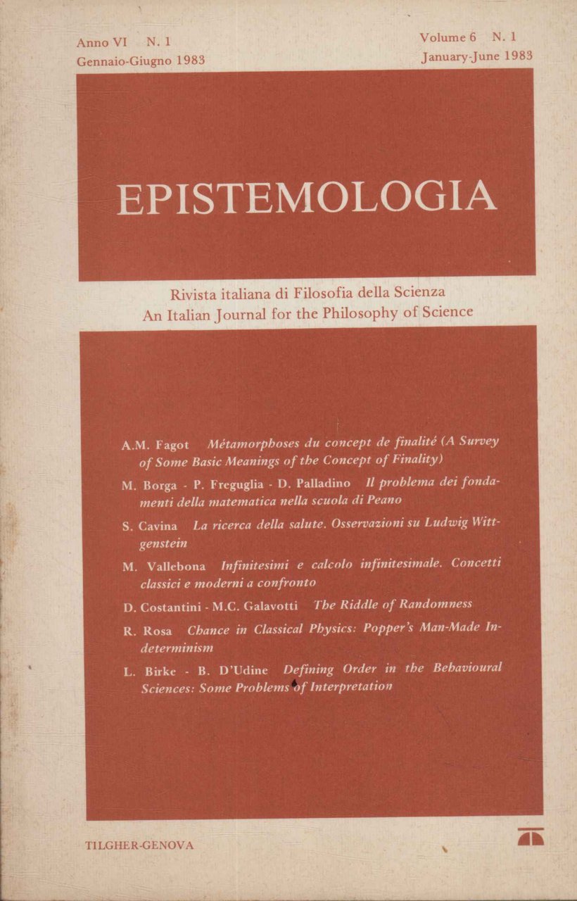 Epistemologia. Rivista italiana di Filosofia della Scienza (Anno VI 1983 …