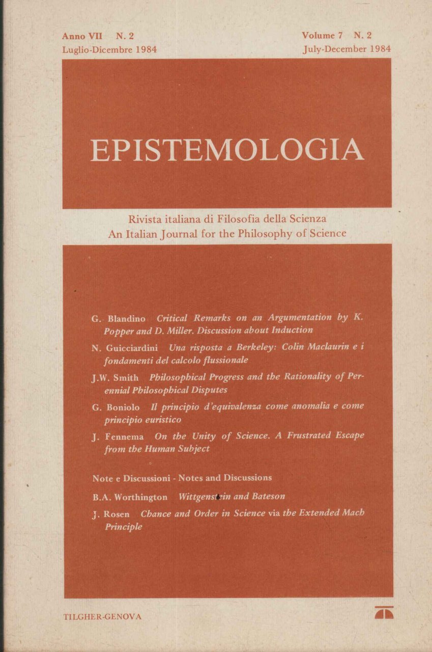Epistemologia. Rivista italiana di Filosofia della Scienza (Anno VII 1984 …