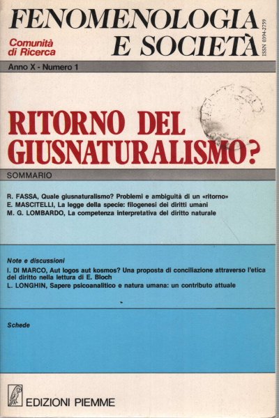 Fenomenologia e società. Periodico di filosofia - n. 1, 1987, …