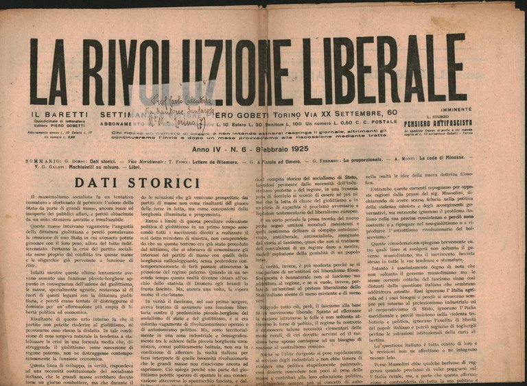 La Rivoluzione Liberale Rivista storica settimanale di politica Anno IV …