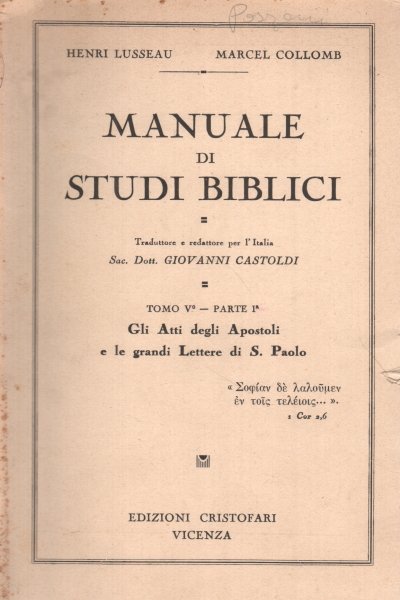 Manuale di studi biblici - Tomo V - Parte I