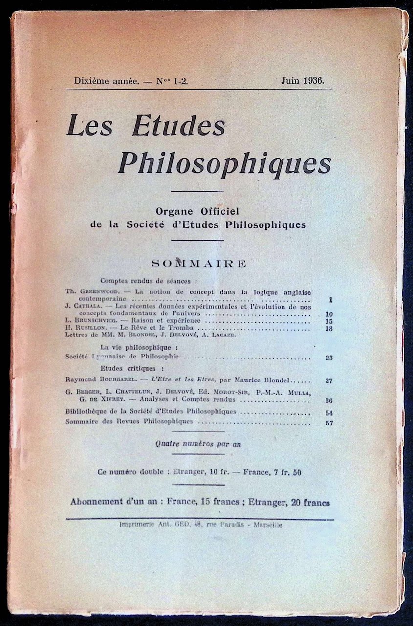 Les Etudes Philosophiques Dixième année, n°1-2 juin 1936
