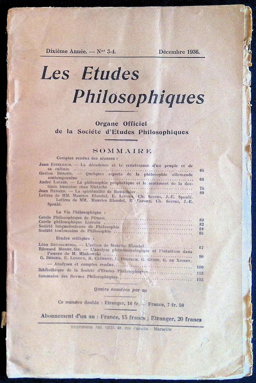 Les Etudes Philosophiques Dixième année, n°3-4 décembre 1936